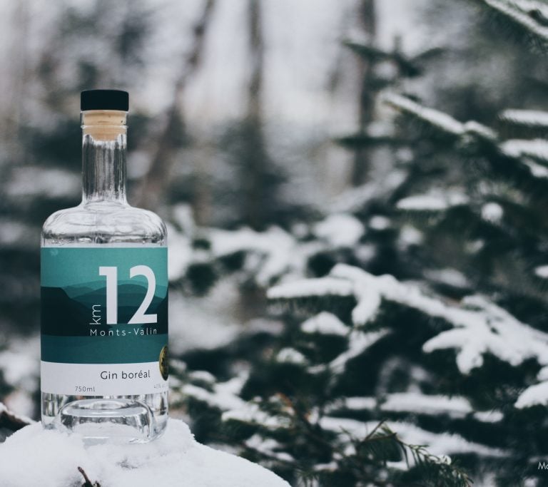 Bouteille de gin du KM 12, une spécialité artisanale de la région, idéale pour les amateurs de spiritueux, présentée dans un