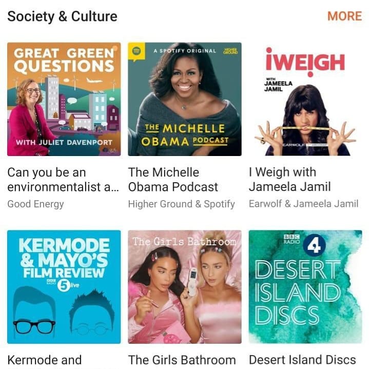 A screenshot of different thumbnails of top podcasts on Apple podcasts.