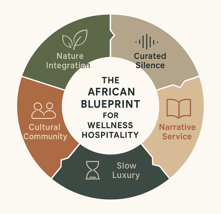 Circular diagram showing five interconnected wellness hospitality strategies from African bush lodge