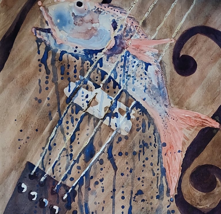 a surreal painting of a fish inside a violin