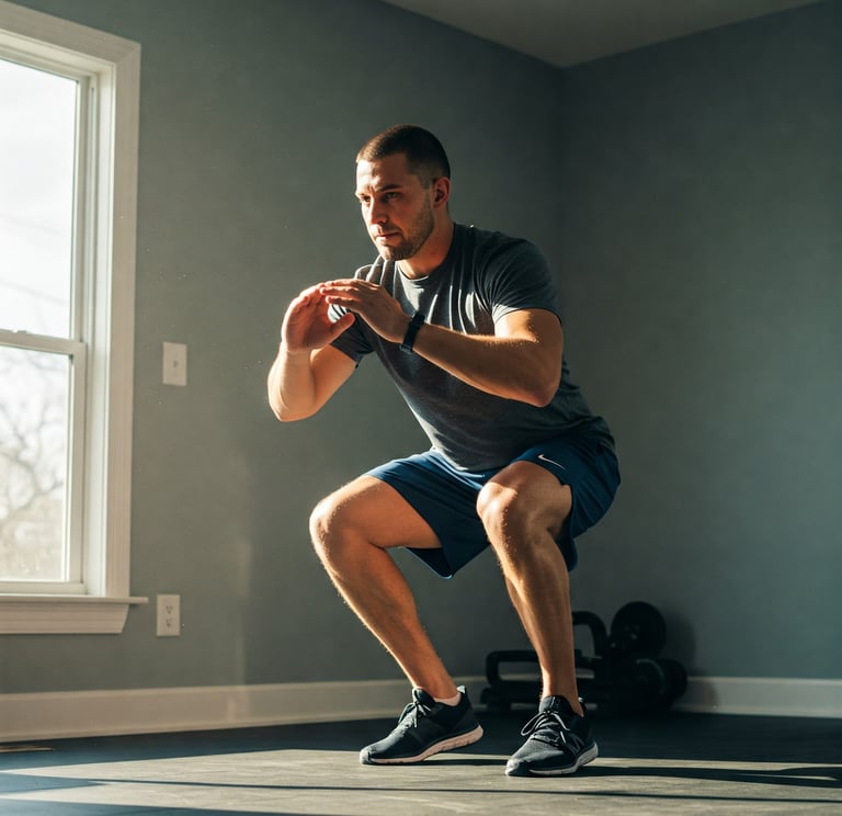Hombre haciendo sentadillas en su casa.