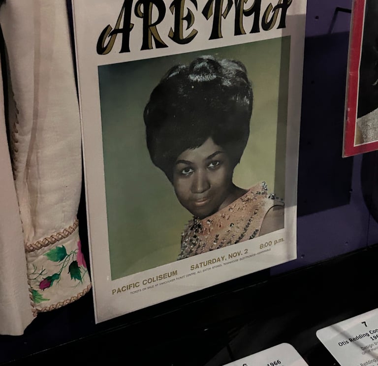 A picture of the Rock and Roll Hall of Fame exhibit on Arethra Frankin