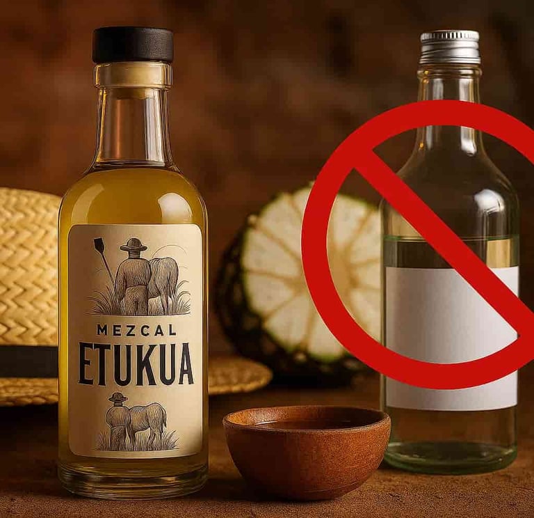Botella de mezcal artesanal Etukua genuina junto a elementos tradicionales como un sombrero de palma