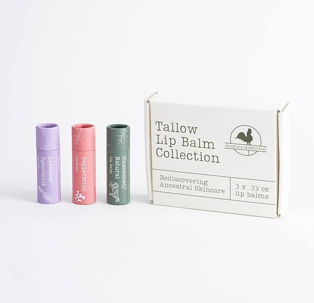 Hearth and Homestead tallow lip balm collection in eco-friendly compostable tubes.