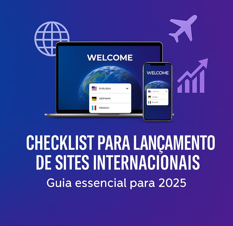 "Checklist para lançamento de sites internacionais em 2025 — mockup de notebook e celular com site m
