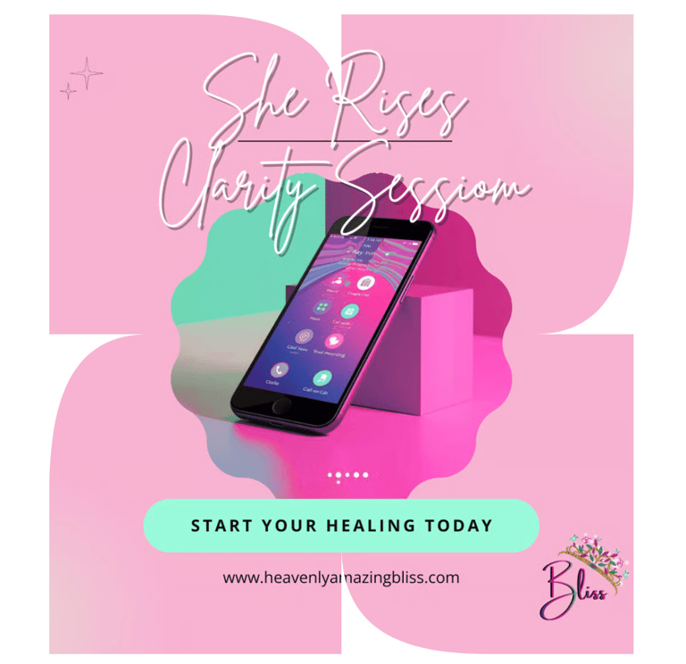 She Rises Clarity Session promotional graphic for healing and spiritual coaching services.