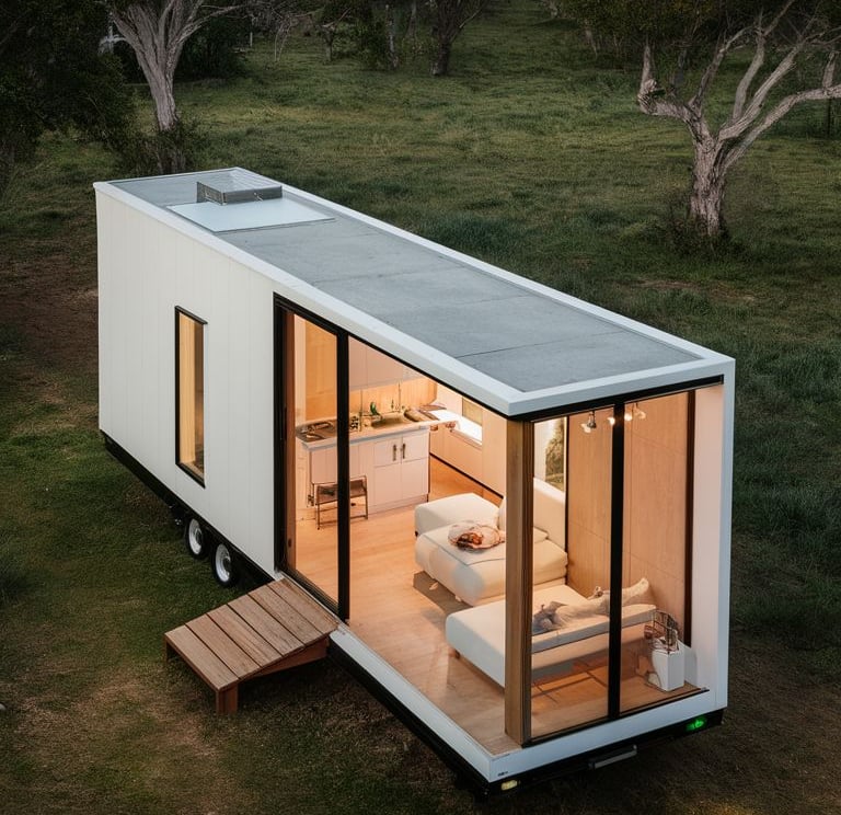 White tiny house on wheels with the lights on