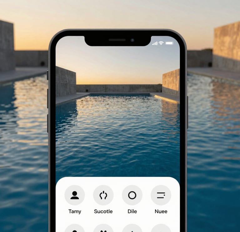 Close-up of a sleek, minimalist smartphone screen displaying an intuitive pool control interface, with deep blue water in the background, golden hour lighting, architectural film photography.