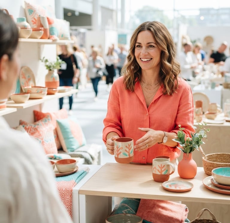 Bright editorial photography, crisp high-key daylight, a professional female entrepreneur showcasing high-quality ceramic and textile products at a clean, modern exhibition stand, vibrant coral accents, sharp focus