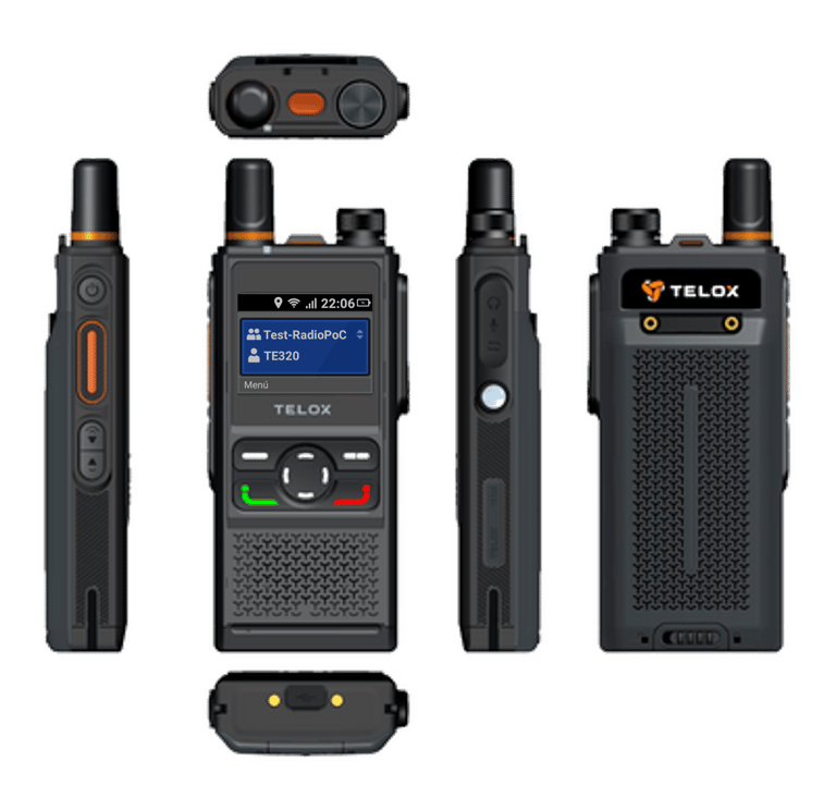 Radio Telox TE320 con Boton PTT dedicado vista frontal, lateral y trasera