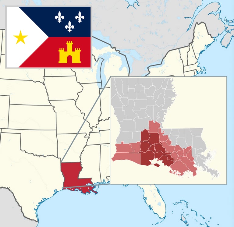 carte de la louisiane avec la zone francophone mise de l'avant