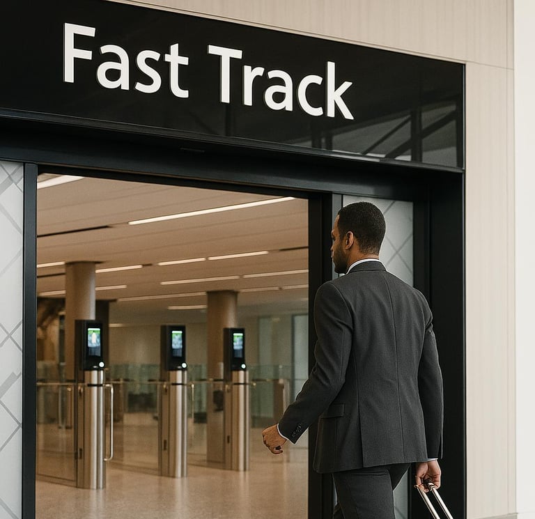 a business man entering a fast track area at the airport