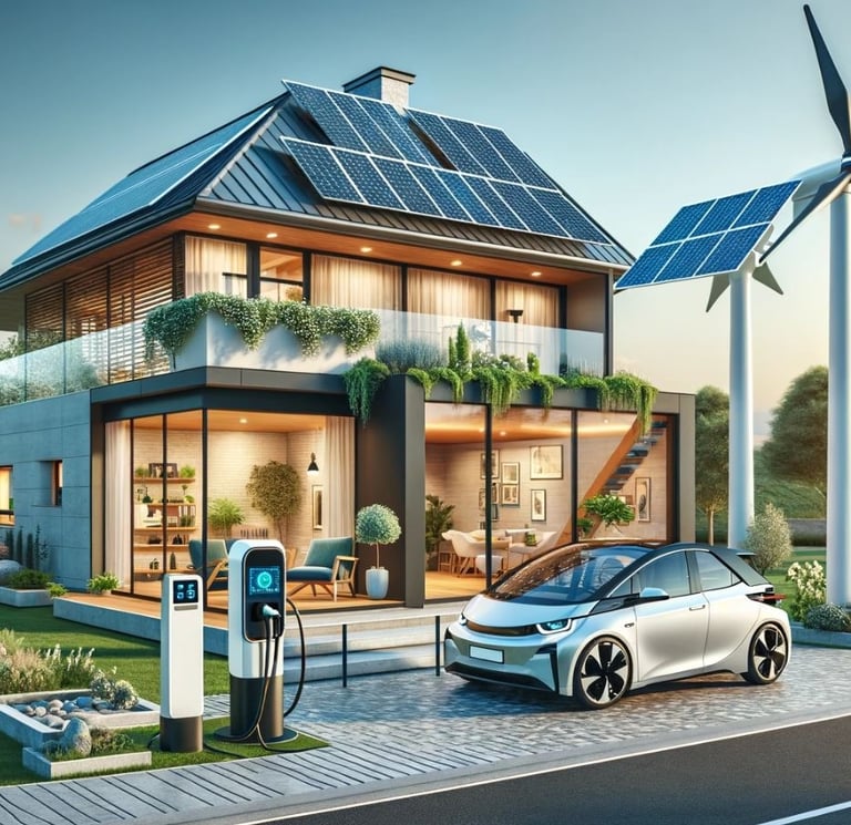 a car parked in front of a house with solar panels