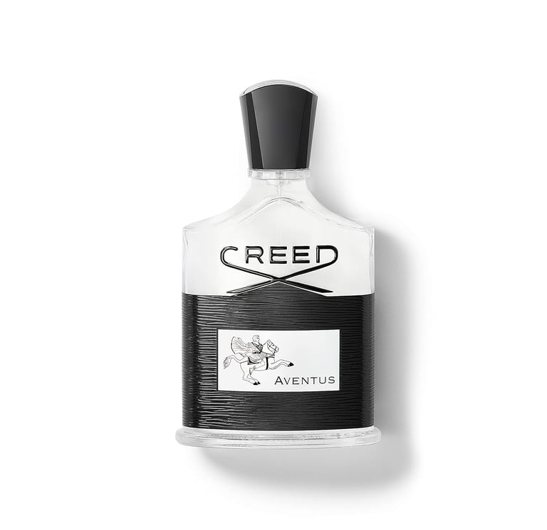 Luxury Creed Aventus Eau de Parfum bottle for men featuring a black textured wrap and silver logo.