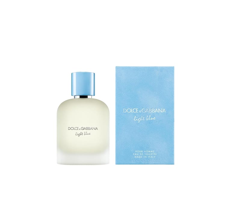 Dolce & Gabbana Light Blue Pour Homme Eau de Toilette fragrance bottle and light blue box.