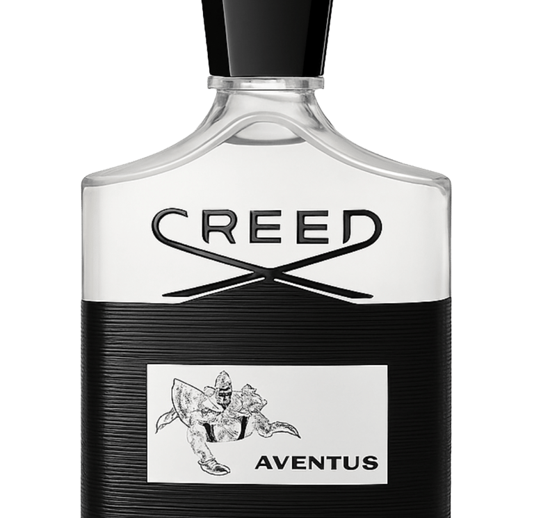 Creed Aventus luxury men's fragrance in a glass bottle with black textured wrap on black background.