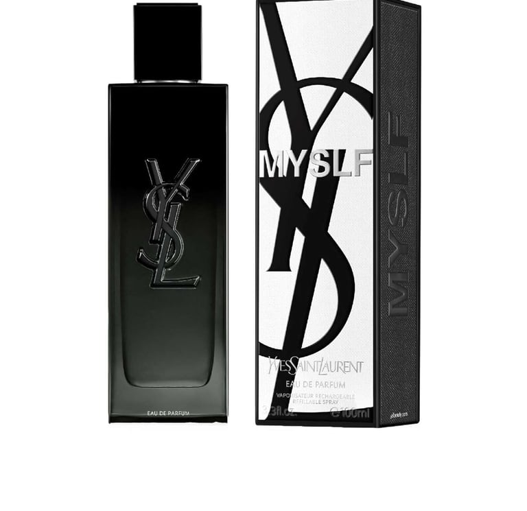 YSL MYSLF Eau de Parfum refillable spray bottle and black branded box for men.
