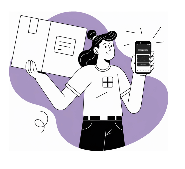 Stockmobil dessin d'une femme qui prend une caisse dans le stock et montre son smartphone 