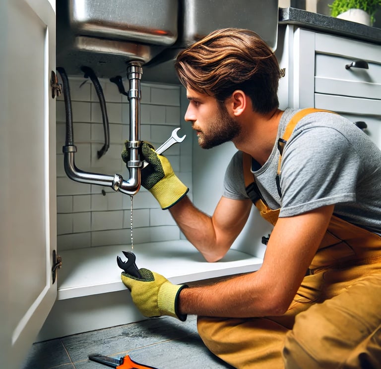 A handyman fixing a leaking pipe under a kitchen sink in a London home, using a wrench while water d