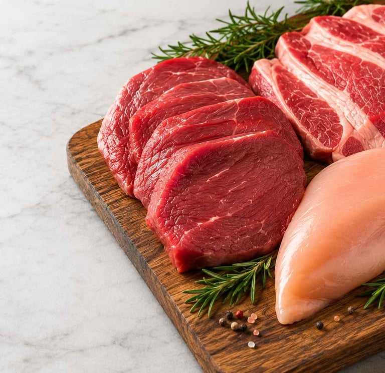 Carne de cerdo, res y pollo adornados con romero y sal y pimienta en grano, sobre una tabla de madera