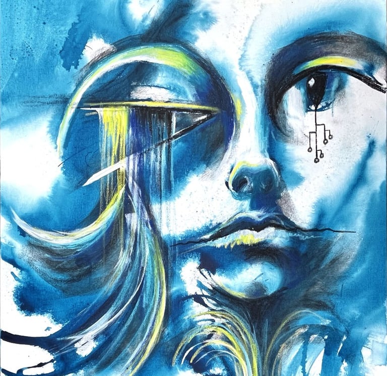 Blue Abstract Face from the Satirical Art Series Not My Collector by Artist Tara Roskell