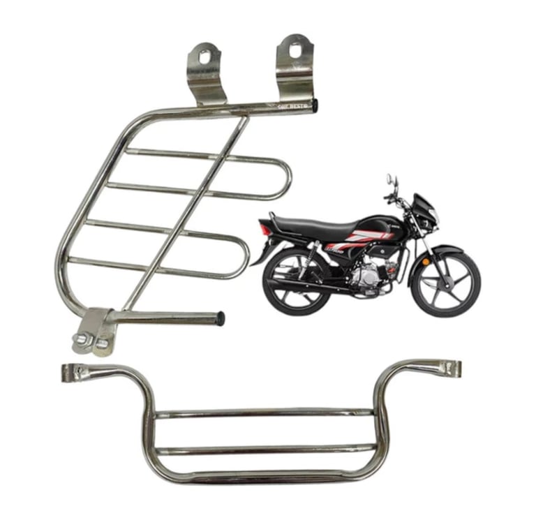 A black Hero HF Deluxe motorcycle shown alongside chrome rear and front leg guards.