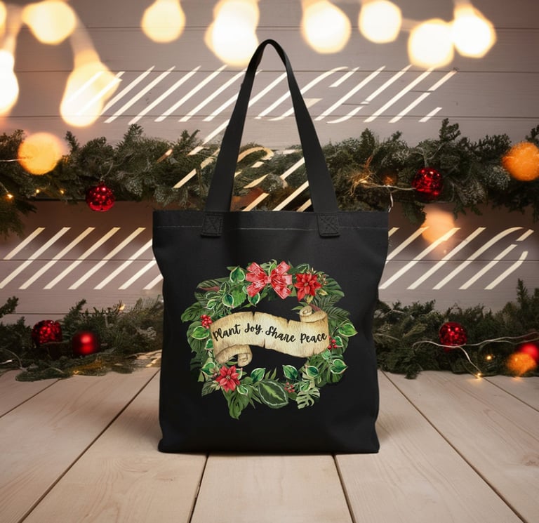 Black tote with poinsettia wreath and “Plant Joy. Share Peace” — botanical holiday bag by Miss Chatty Plants