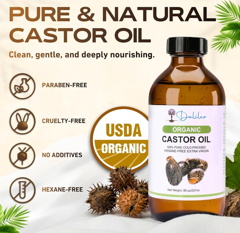 Dalileo organic castor oil in an amber glass bottle with USDA organic seal.