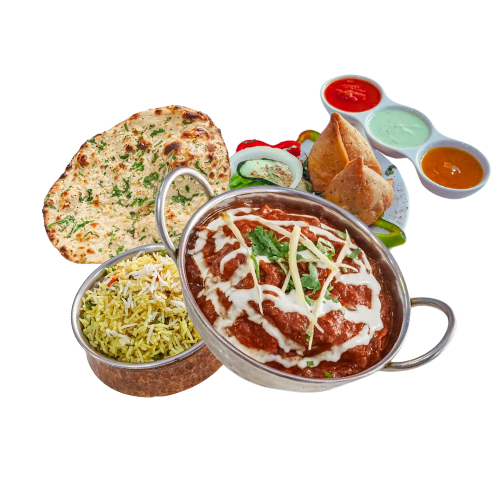 Typical indian dishes: curry, rice, naan bread, tikka, masala, tandoori