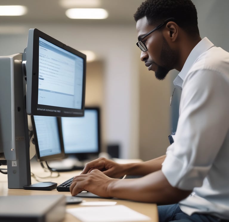 A man sitting at an AAT exam centre and doing their exam on a computer screen