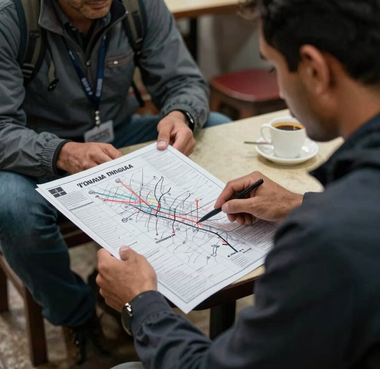 Close framing of a local guide and a traveler seated at a small table in a dim chai shop, the guide pointing to a printed route sheet, available interior light, worn tile floor visible, no faces looking at camera