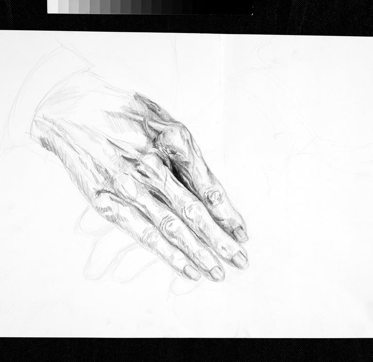 Bleistiftstudie einer Hand auf grossem Format, mit skizzenhaftem Charakter.