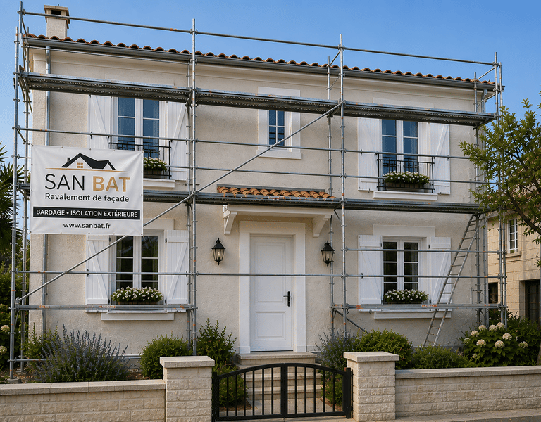 Enduit de façade maison avec échafaudage – chantier rénovation SAN BAT