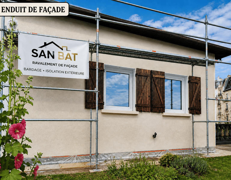 Enduit de façade maison avec échafaudage – rénovation extérieure SAN BAT