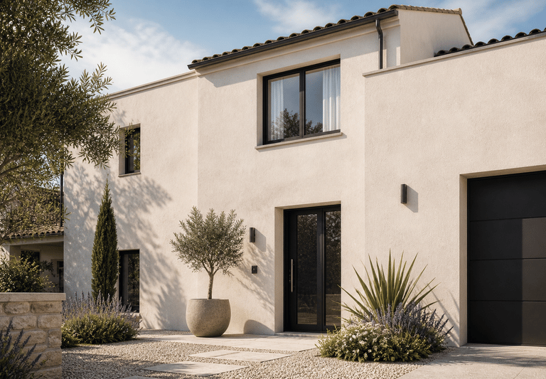 Enduit de façade blanc – maison moderne 2 étages avec finition élégante