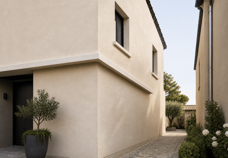 Enduit de façade ton beige – passage extérieur maison moderne