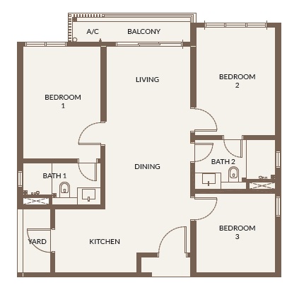 Bukit Chagar Living Type C layout – 2 bedrooms, 2 bathrooms, 1 balcony apartment