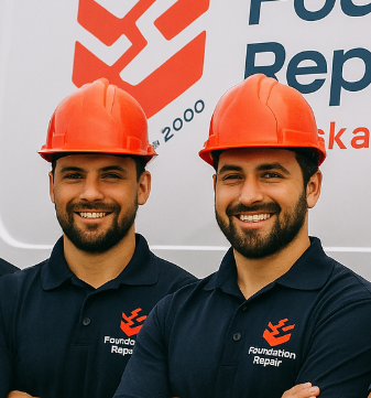 two foundation repaires men in red hats and orange shirts are standing in front of a food truck