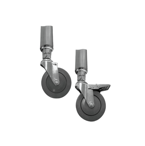 Replacement heavy duty stainless steel swivel castors with locking brakes for kitchen work benches and trolleys.