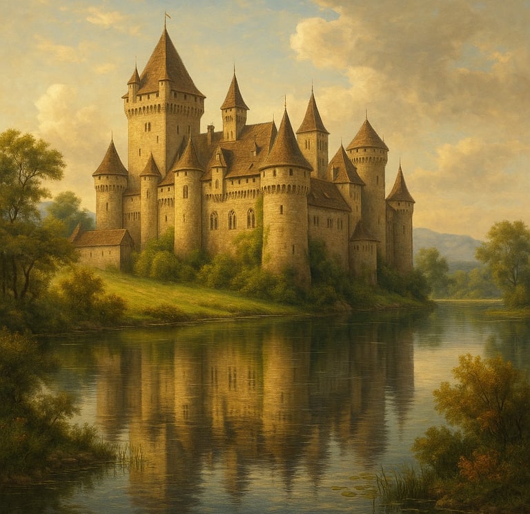 a painting of a castle with a castle like structure