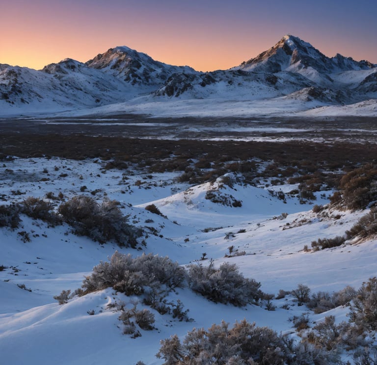 a mountain scene with a snow covered mountain range