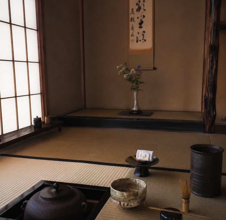 Traditional Japanese tea ceremony room with matcha whisk, ceramic bowl, and kettle on tatami mats.