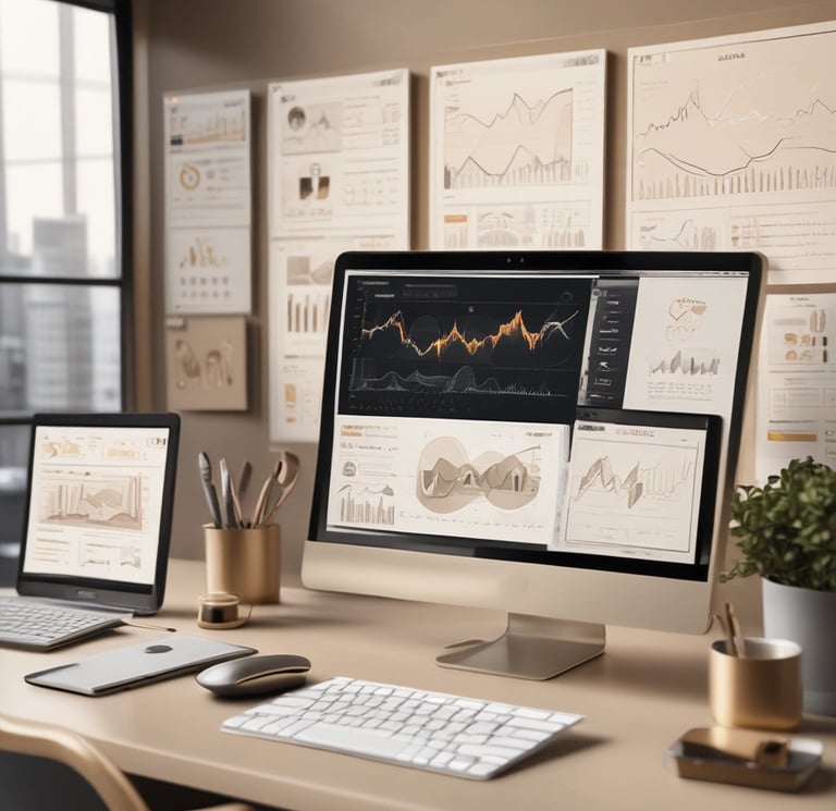 Person working on digital marketing strategy with charts visible.