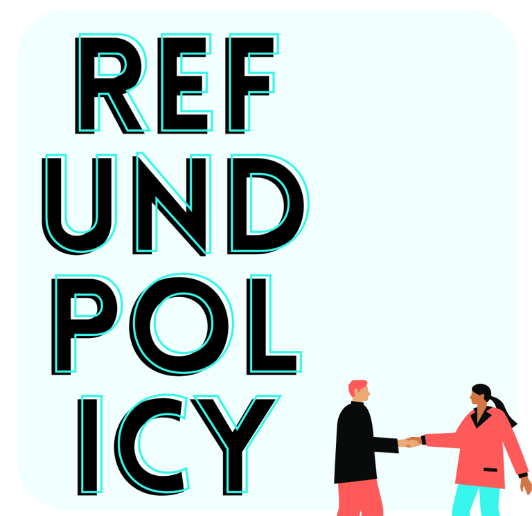 A man and woman shaking hands with the words refunded policy on a sign behind them.