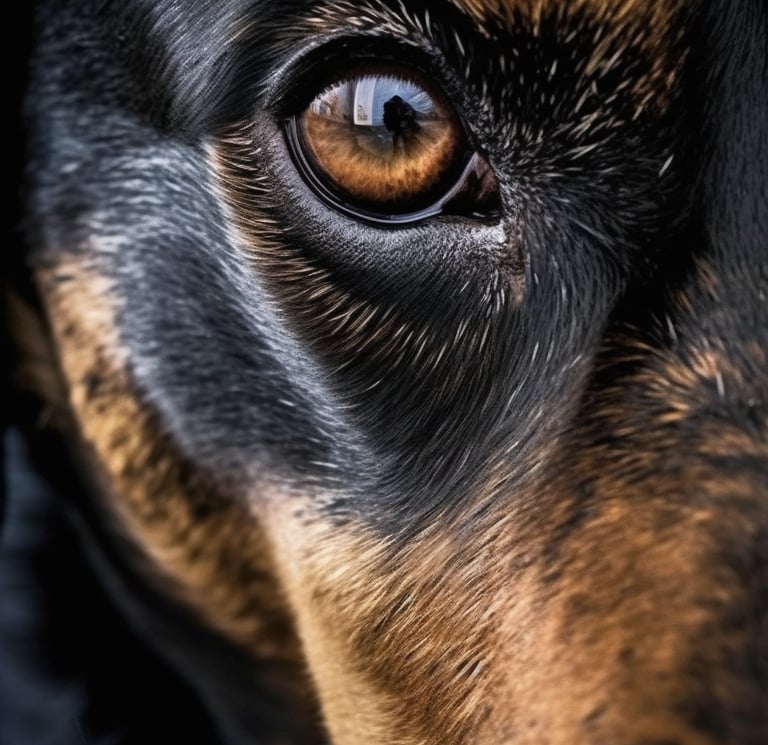 a dog is looking at the camera and the eyes are brown