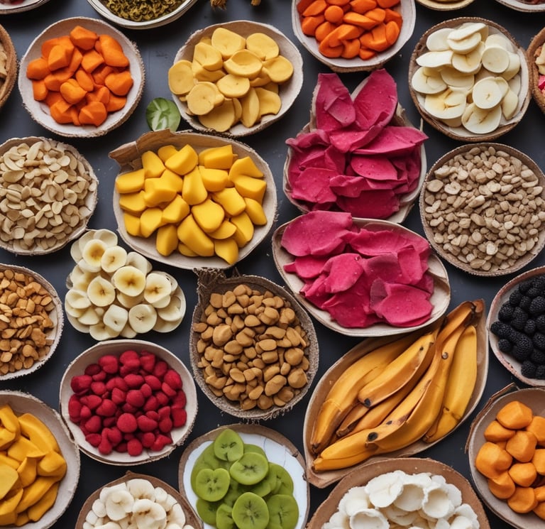 a variety of fruits and nuts in bowls