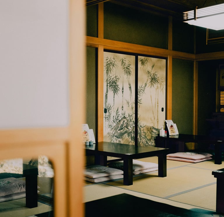 Traditional Japanese room with tatami, reflecting quiet living in Kurume
