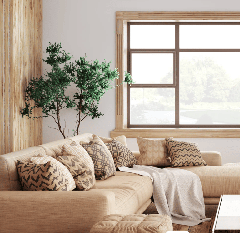 a living room with a couch and a table