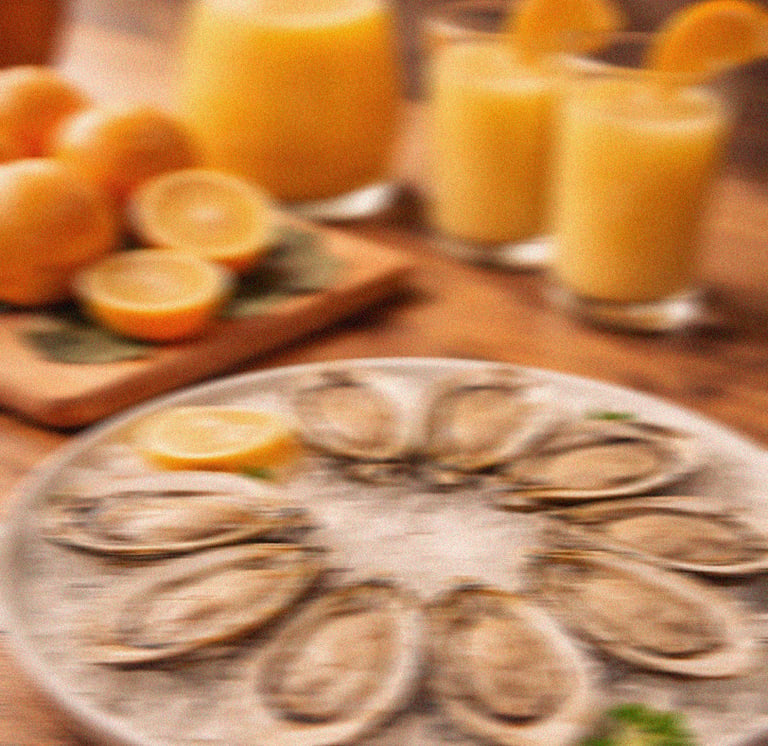 Fresh raw oysters on a bed of ice served with lemon and orange juice for a seafood brunch.