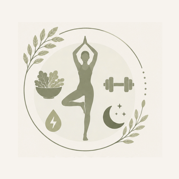Minimalist holistic wellness illustration featuring yoga tree pose, healthy food, weights, and sleep icons.